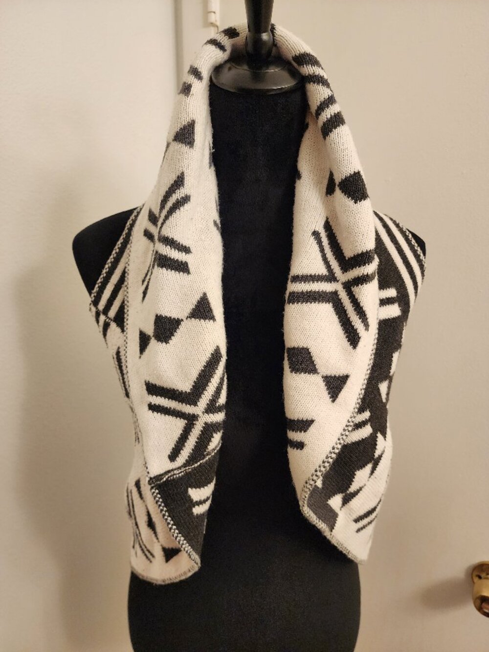 Black & Ivory Geometric Knit Open Front Draped Vest